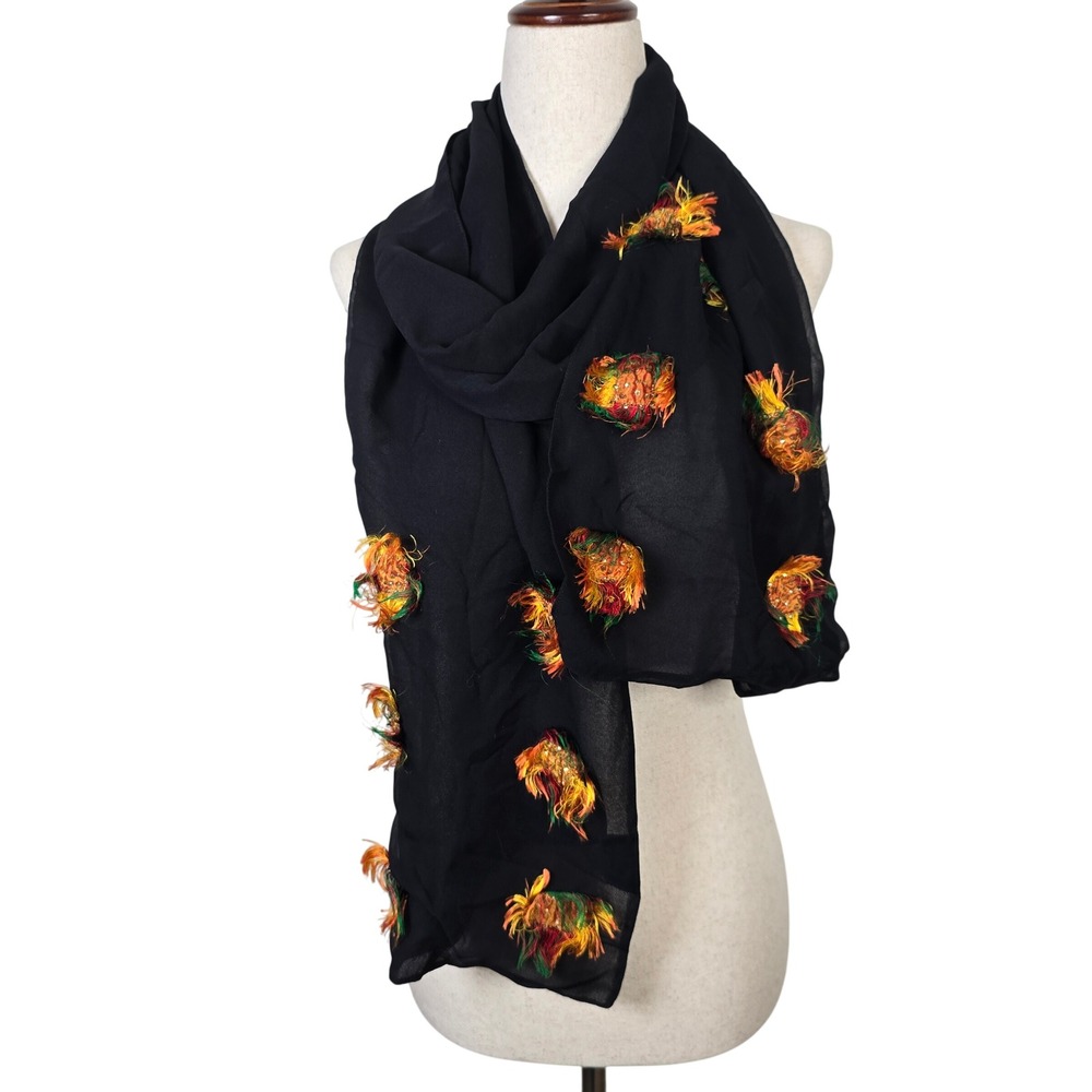 Chico's 100% Silk Black Scarf Fringed Pom Pom Sequin Beaded Wrap Art to Wear